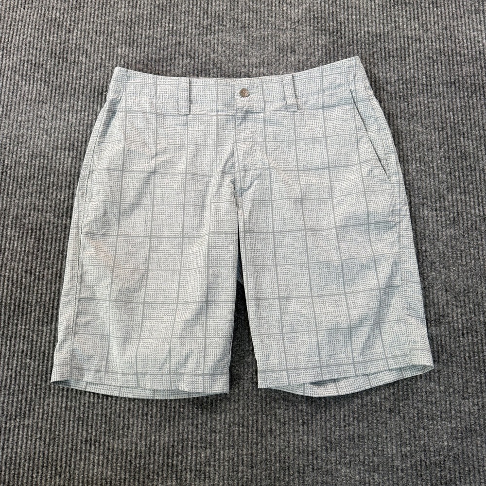 Mens Golf Shorts 32 Gray White Grid Plaid Stretch Flat Front Performance